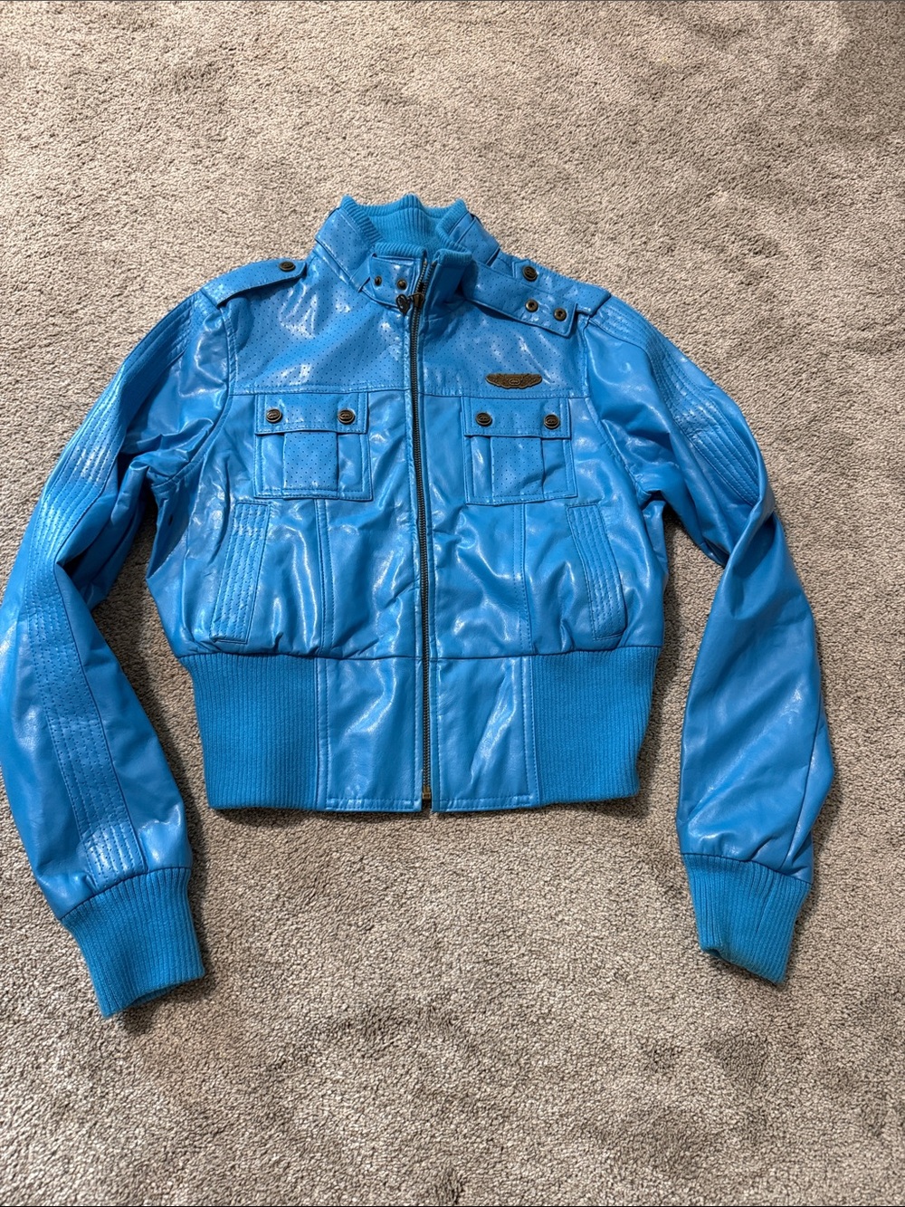 Ecko Unlimited Bright Blue Faux Leather Bomber Jacket